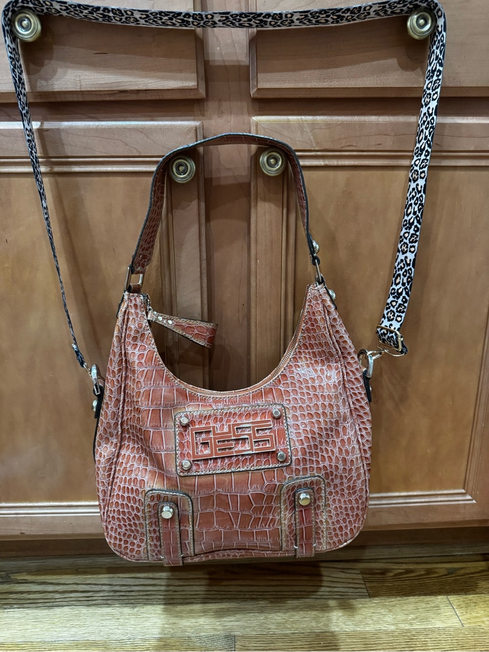 Guess Croc-Embossed Orange Shoulder Bag with Leopard Strap